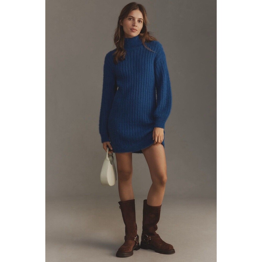 Anthropologie Flat White Sweater Dress Blue Turtleneck Preppy Comfy Small NWT